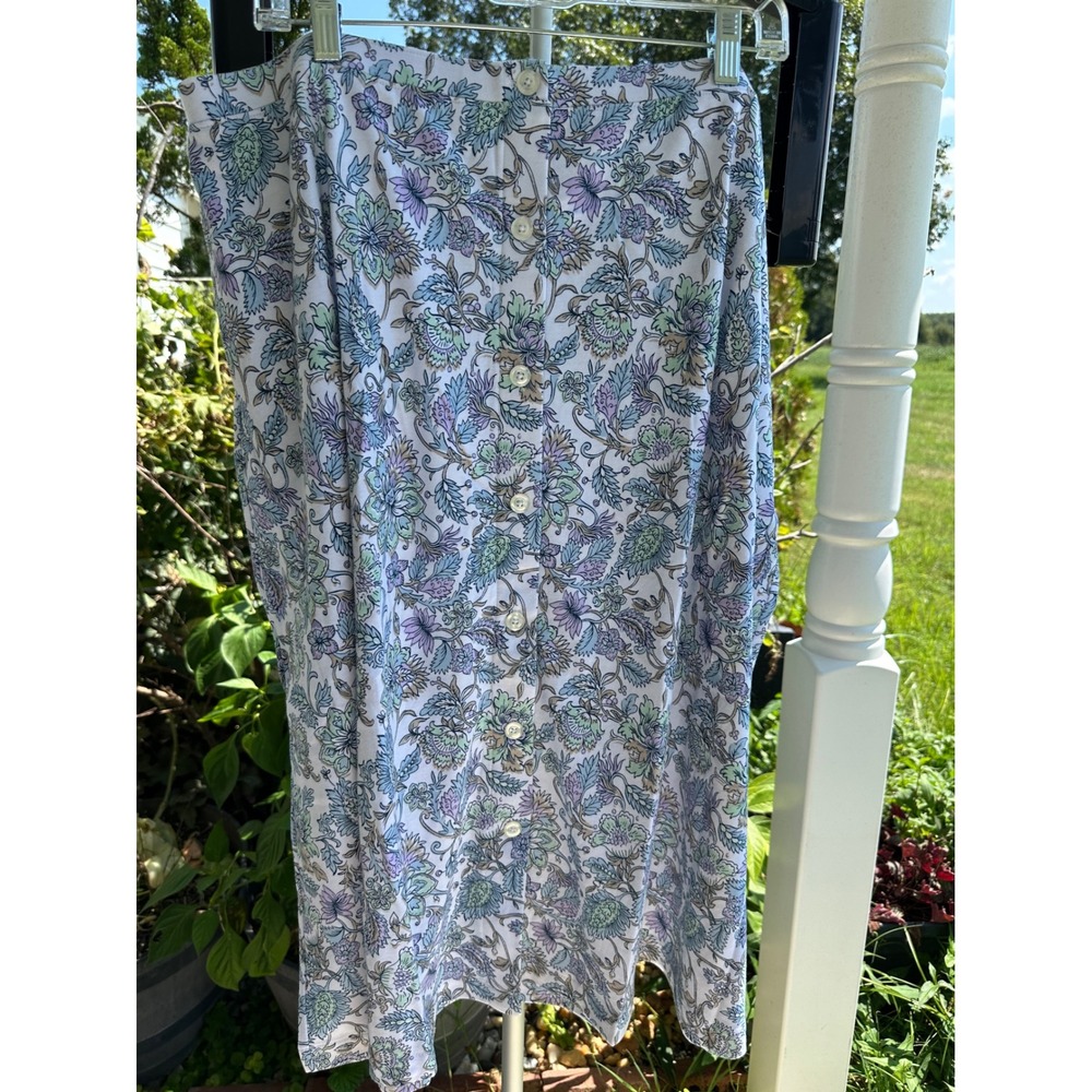 National Floral Print Button Front Midi Skirt Purple Green White Elastic Waist L